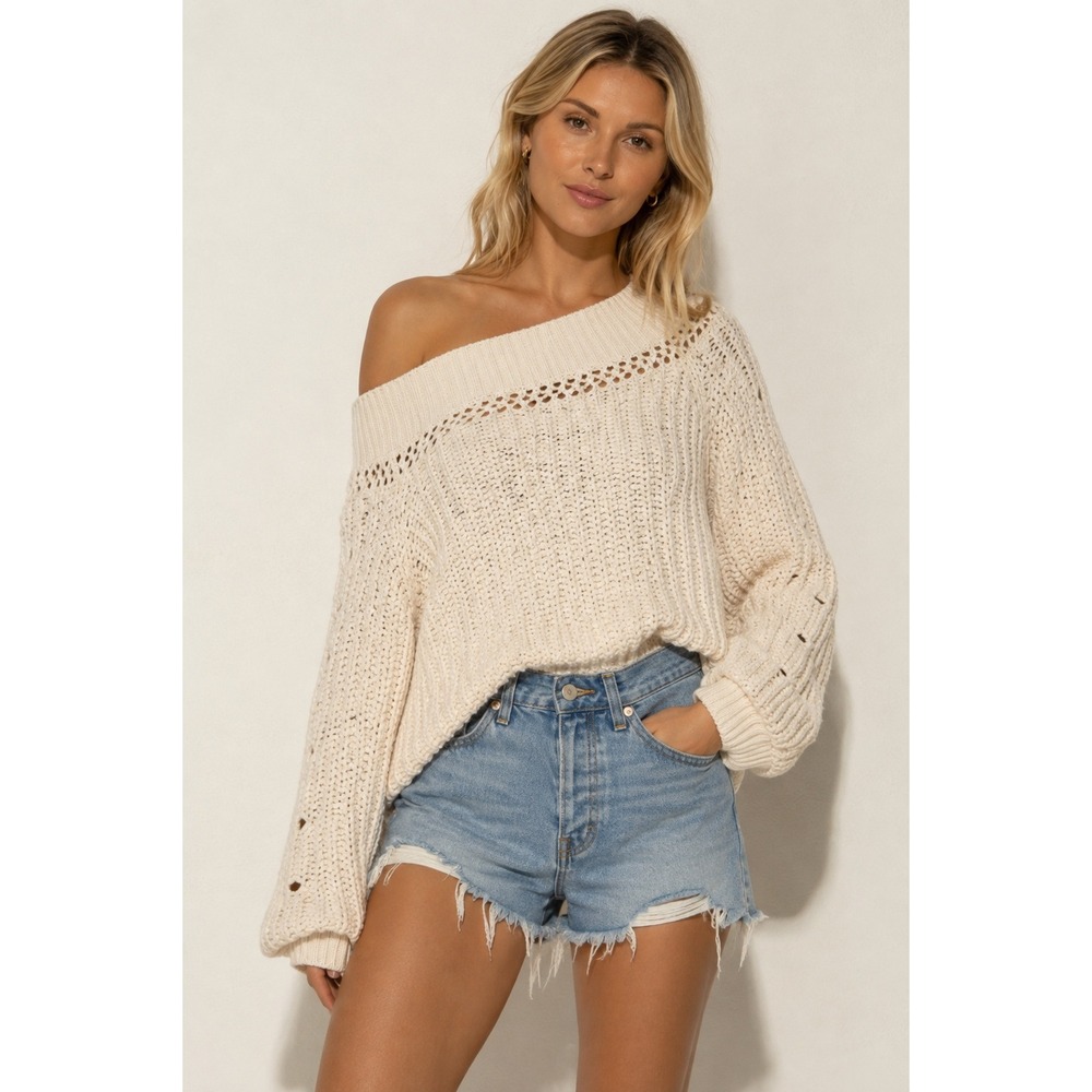 Free‎ People Pandora Chunky Cropped Sweater Ivory XS Off Shoulder Pointelle Knit